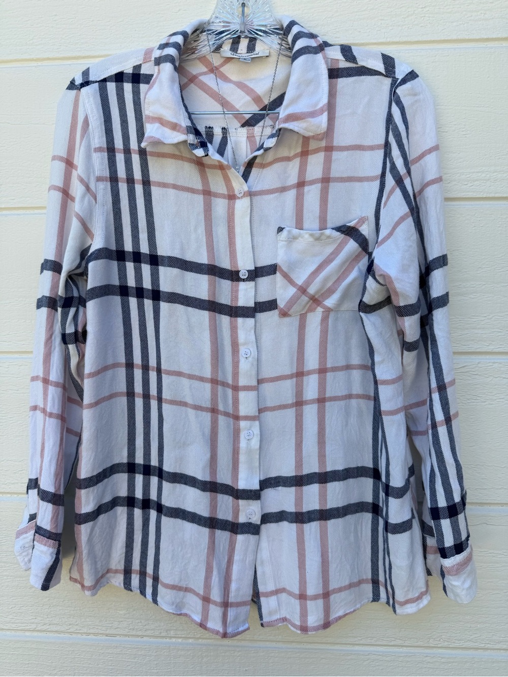 Plaid Button-Front Woman’s Shirt -  White & Pink & Navy Stripe. - Picture 3 of 9